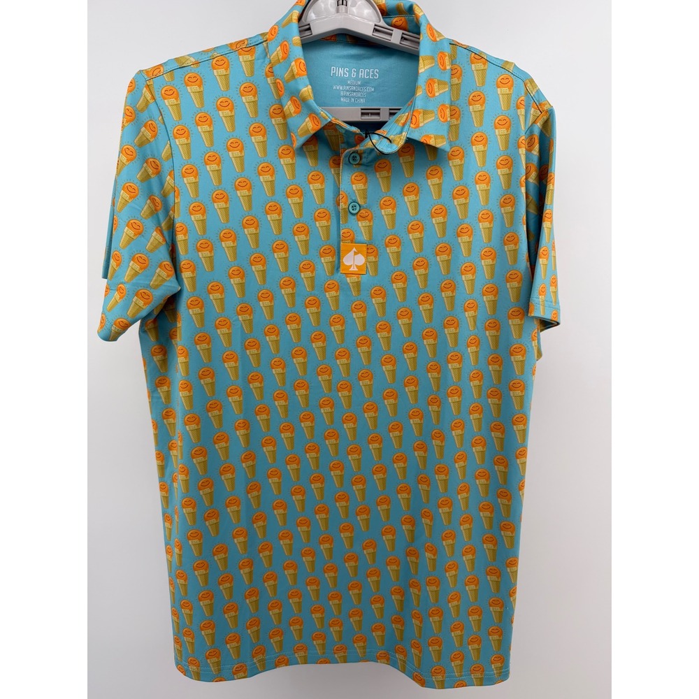NEW Pins & Aces Mens Ice Cream Cone Performance Golf Polo Blue Orange Medium NEW - Picture 2 of 7